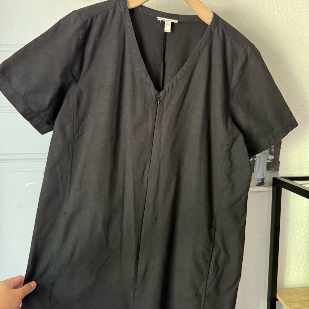 EILEEN FISHER black organic cotton hemp zip up short sleeve cropped jumpsuit - Picture 3 of 8